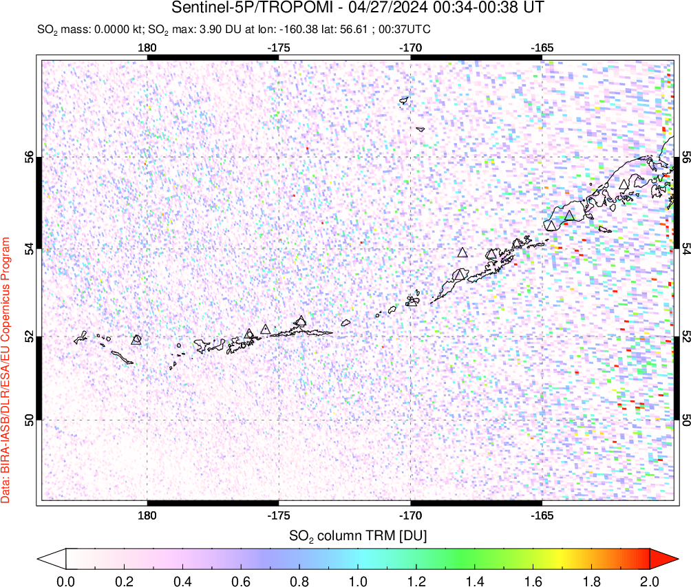 A sulfur dioxide image over Aleutian Islands, Alaska, USA on Apr 27, 2024.