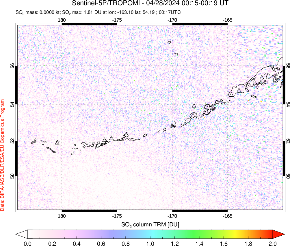 A sulfur dioxide image over Aleutian Islands, Alaska, USA on Apr 28, 2024.