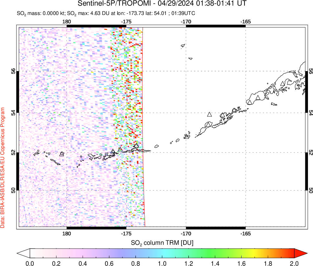 A sulfur dioxide image over Aleutian Islands, Alaska, USA on Apr 29, 2024.