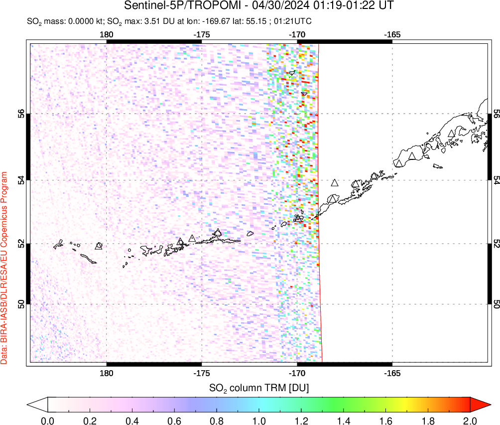 A sulfur dioxide image over Aleutian Islands, Alaska, USA on Apr 30, 2024.