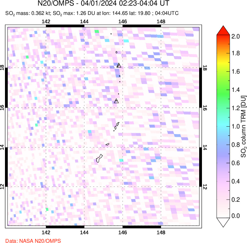 A sulfur dioxide image over Anatahan, Mariana Islands on Apr 01, 2024.