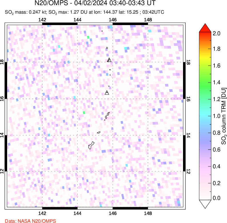 A sulfur dioxide image over Anatahan, Mariana Islands on Apr 02, 2024.