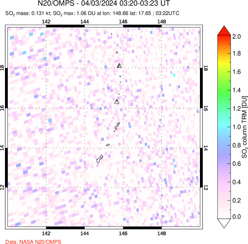 A sulfur dioxide image over Anatahan, Mariana Islands on Apr 03, 2024.