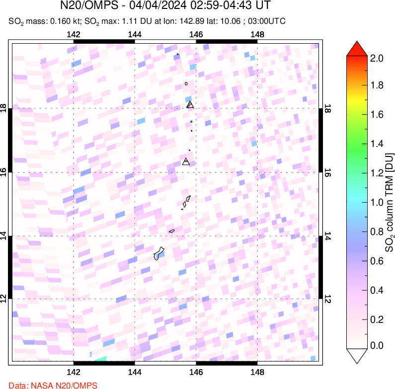 A sulfur dioxide image over Anatahan, Mariana Islands on Apr 04, 2024.