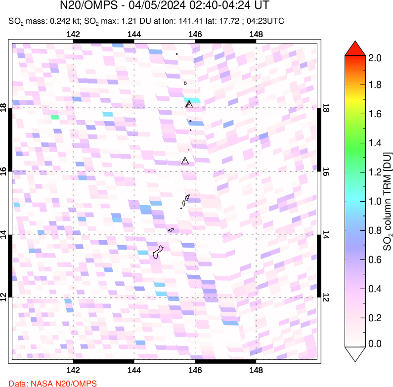 A sulfur dioxide image over Anatahan, Mariana Islands on Apr 05, 2024.