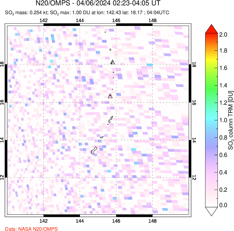 A sulfur dioxide image over Anatahan, Mariana Islands on Apr 06, 2024.