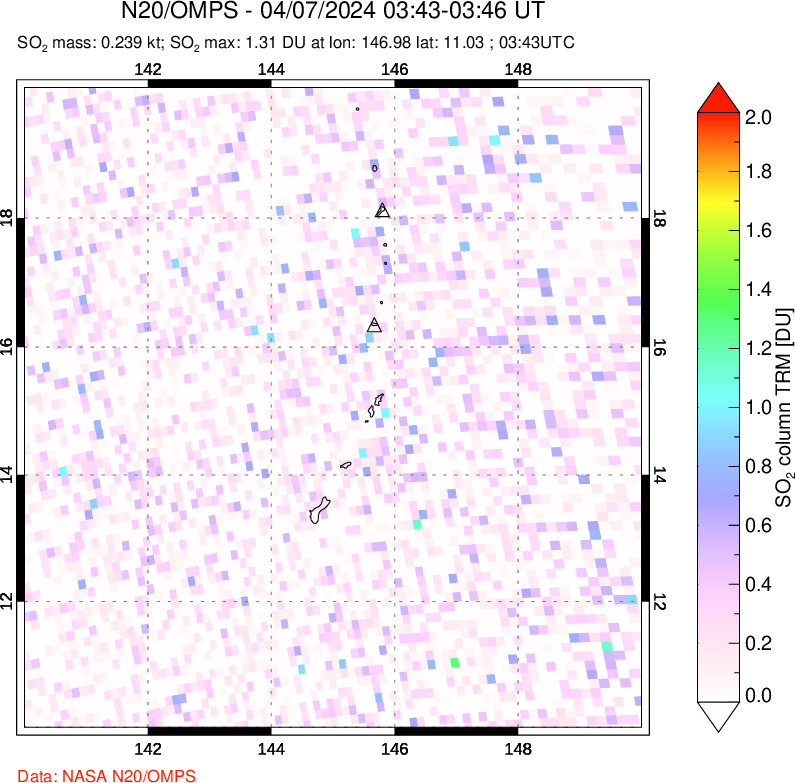 A sulfur dioxide image over Anatahan, Mariana Islands on Apr 07, 2024.