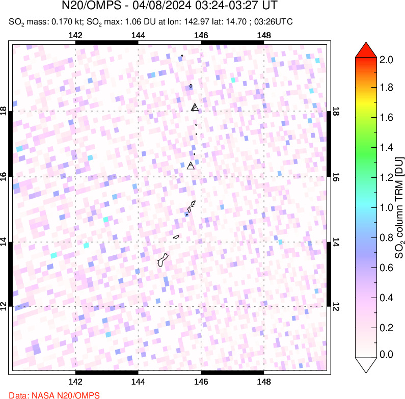 A sulfur dioxide image over Anatahan, Mariana Islands on Apr 08, 2024.