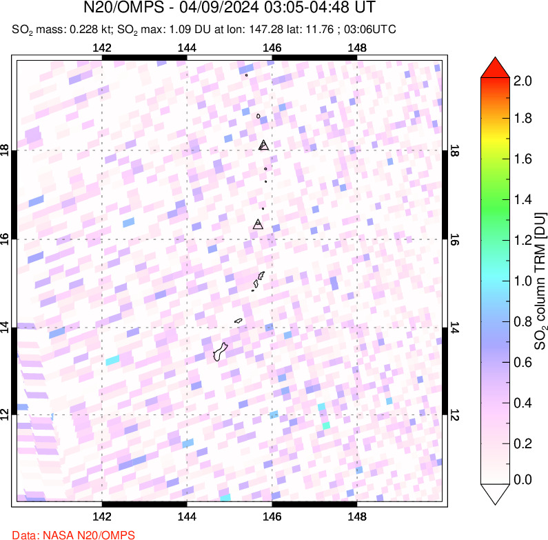 A sulfur dioxide image over Anatahan, Mariana Islands on Apr 09, 2024.