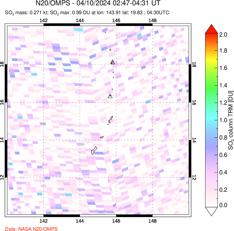 A sulfur dioxide image over Anatahan, Mariana Islands on Apr 10, 2024.