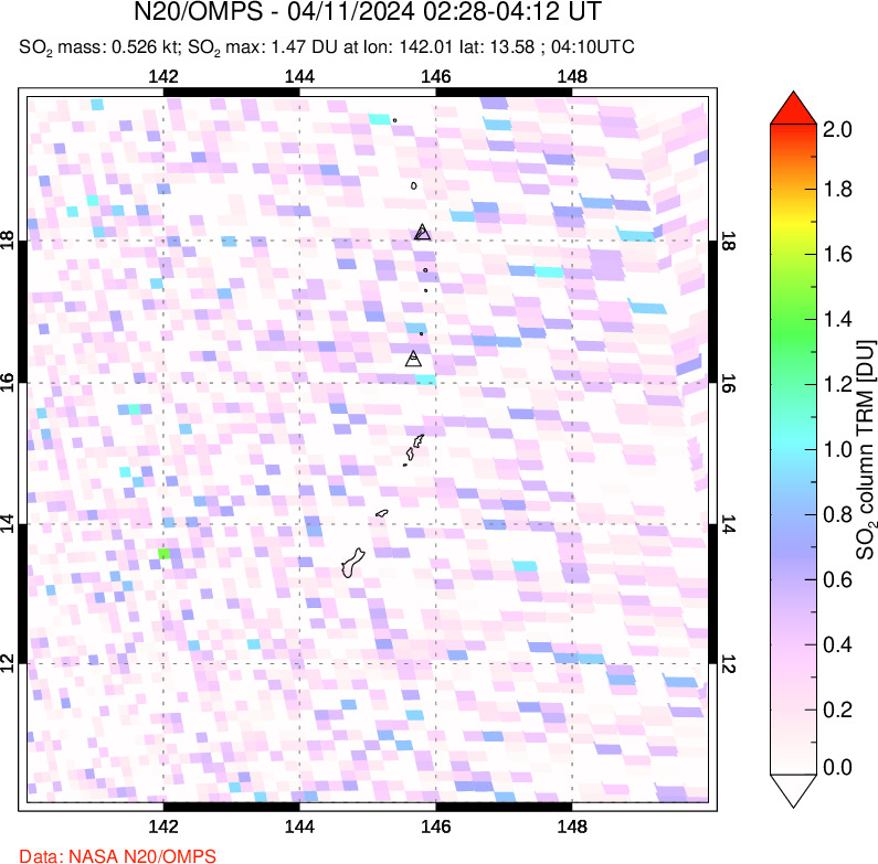 A sulfur dioxide image over Anatahan, Mariana Islands on Apr 11, 2024.