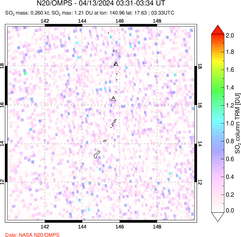 A sulfur dioxide image over Anatahan, Mariana Islands on Apr 13, 2024.