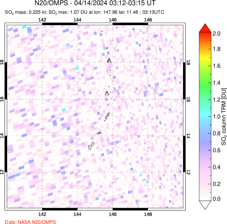 A sulfur dioxide image over Anatahan, Mariana Islands on Apr 14, 2024.