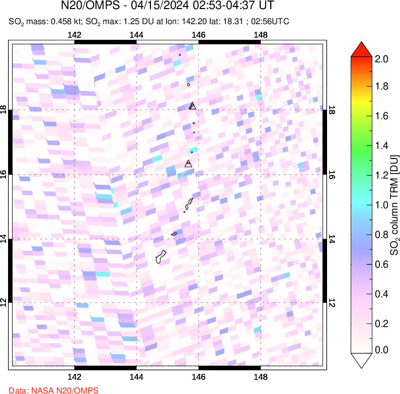 A sulfur dioxide image over Anatahan, Mariana Islands on Apr 15, 2024.