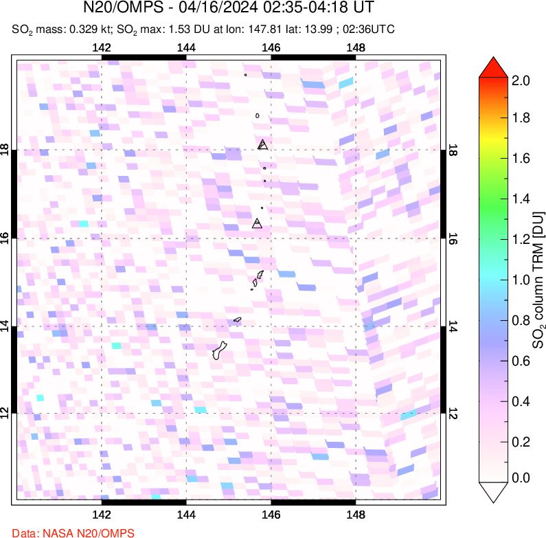 A sulfur dioxide image over Anatahan, Mariana Islands on Apr 16, 2024.