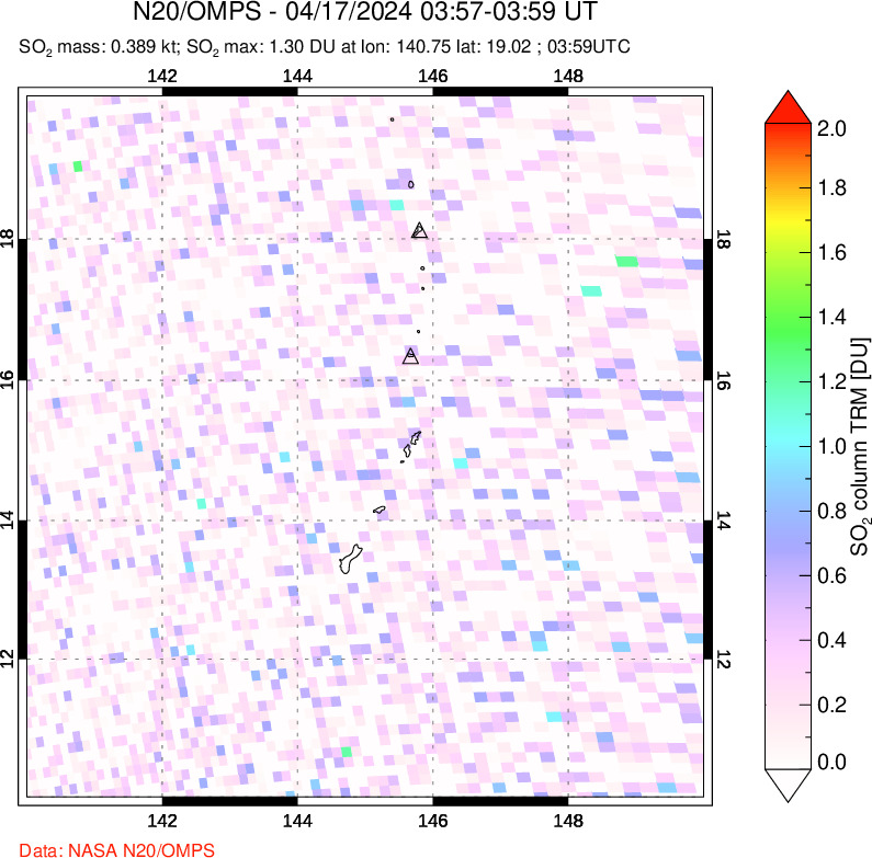 A sulfur dioxide image over Anatahan, Mariana Islands on Apr 17, 2024.