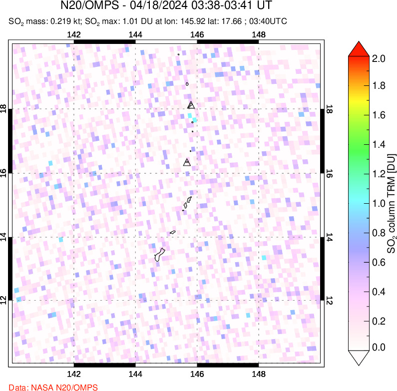 A sulfur dioxide image over Anatahan, Mariana Islands on Apr 18, 2024.