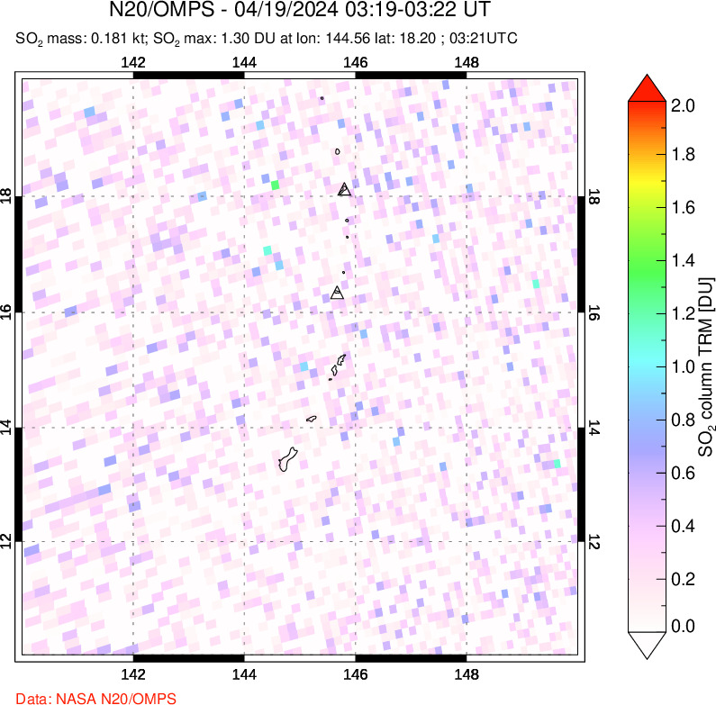 A sulfur dioxide image over Anatahan, Mariana Islands on Apr 19, 2024.