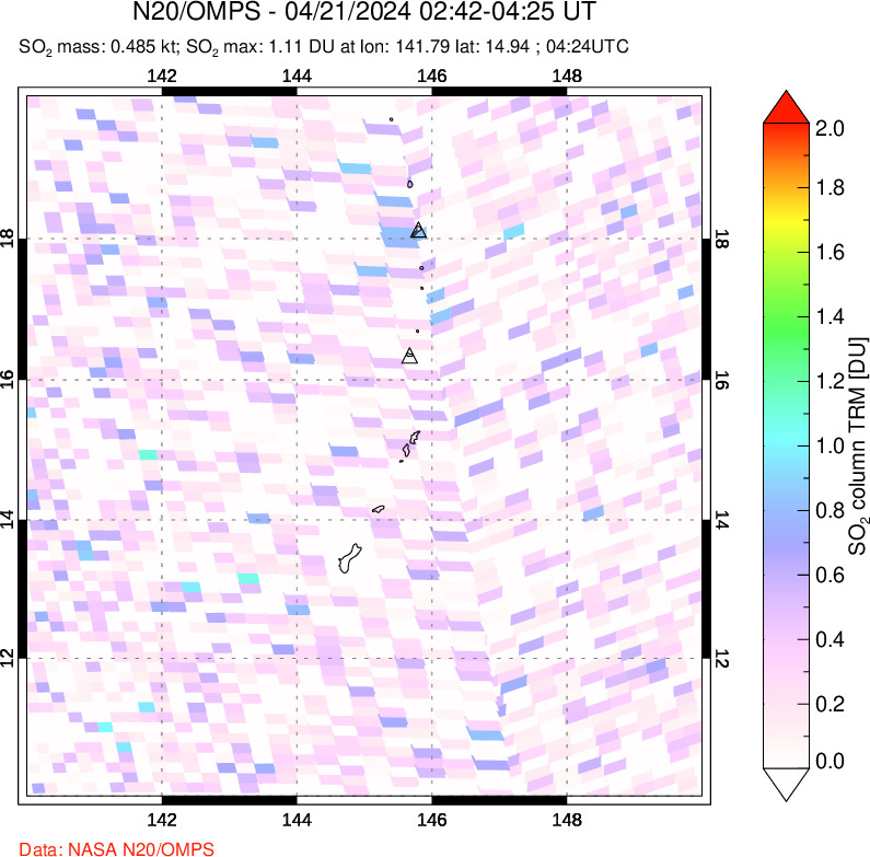 A sulfur dioxide image over Anatahan, Mariana Islands on Apr 21, 2024.