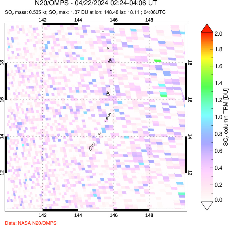 A sulfur dioxide image over Anatahan, Mariana Islands on Apr 22, 2024.