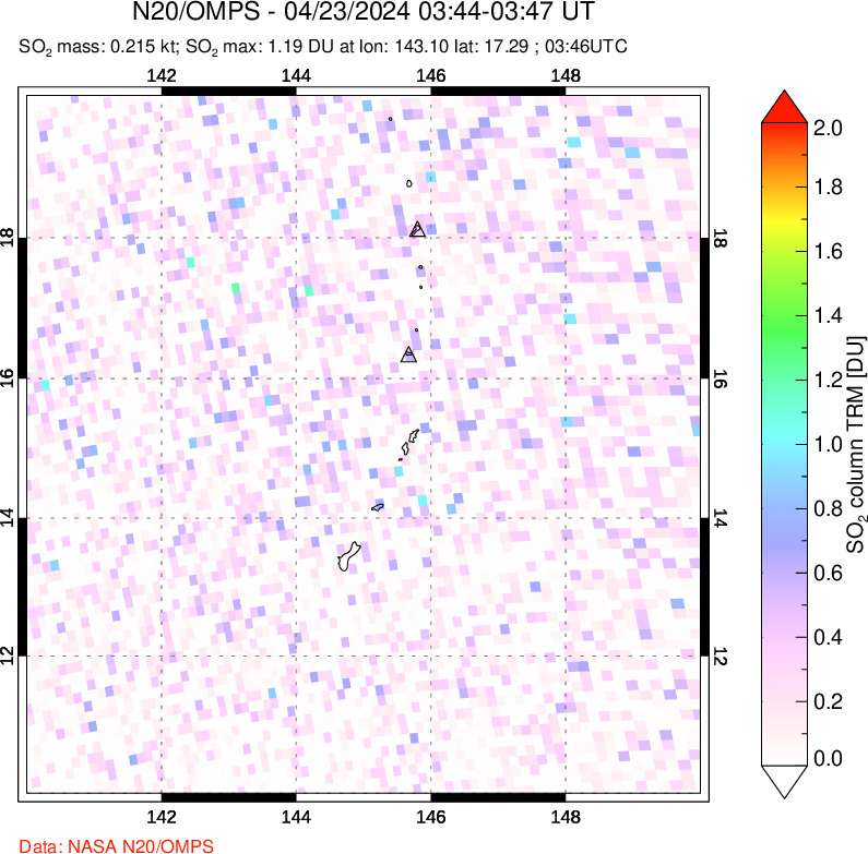 A sulfur dioxide image over Anatahan, Mariana Islands on Apr 23, 2024.