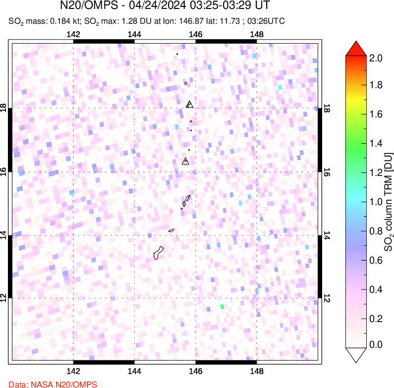 A sulfur dioxide image over Anatahan, Mariana Islands on Apr 24, 2024.