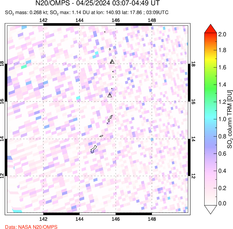 A sulfur dioxide image over Anatahan, Mariana Islands on Apr 25, 2024.