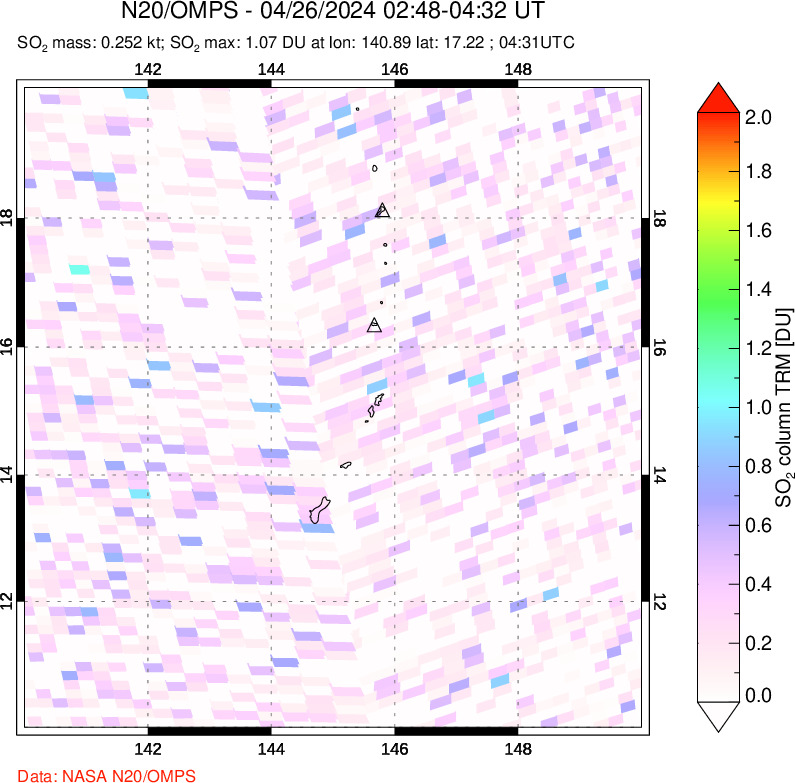 A sulfur dioxide image over Anatahan, Mariana Islands on Apr 26, 2024.