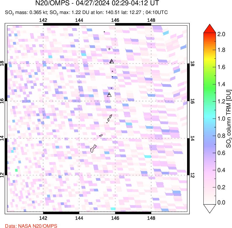 A sulfur dioxide image over Anatahan, Mariana Islands on Apr 27, 2024.