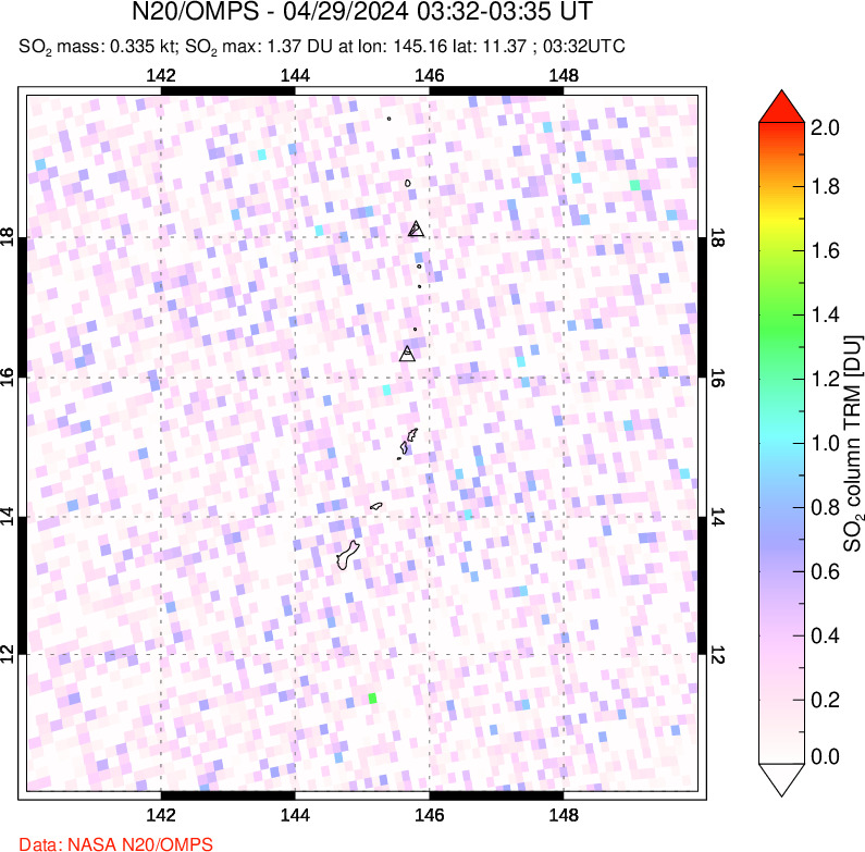 A sulfur dioxide image over Anatahan, Mariana Islands on Apr 29, 2024.