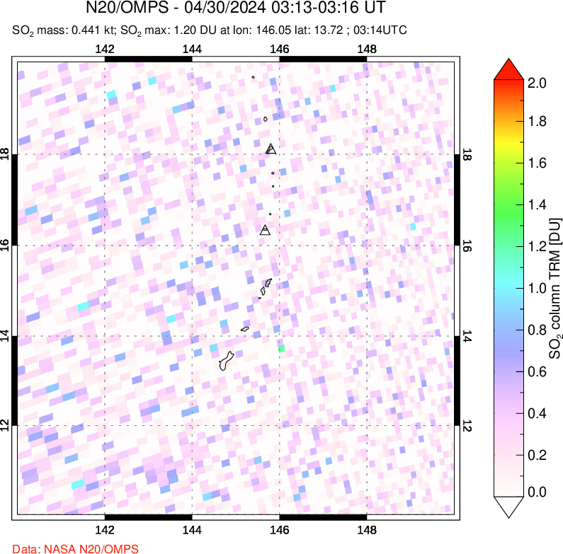 A sulfur dioxide image over Anatahan, Mariana Islands on Apr 30, 2024.