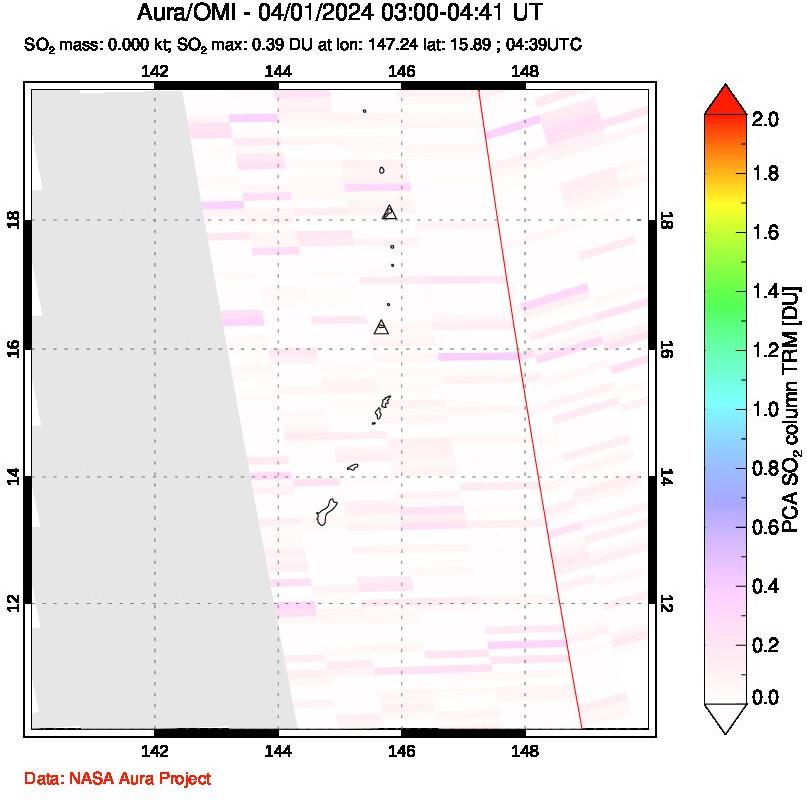 A sulfur dioxide image over Anatahan, Mariana Islands on Apr 01, 2024.