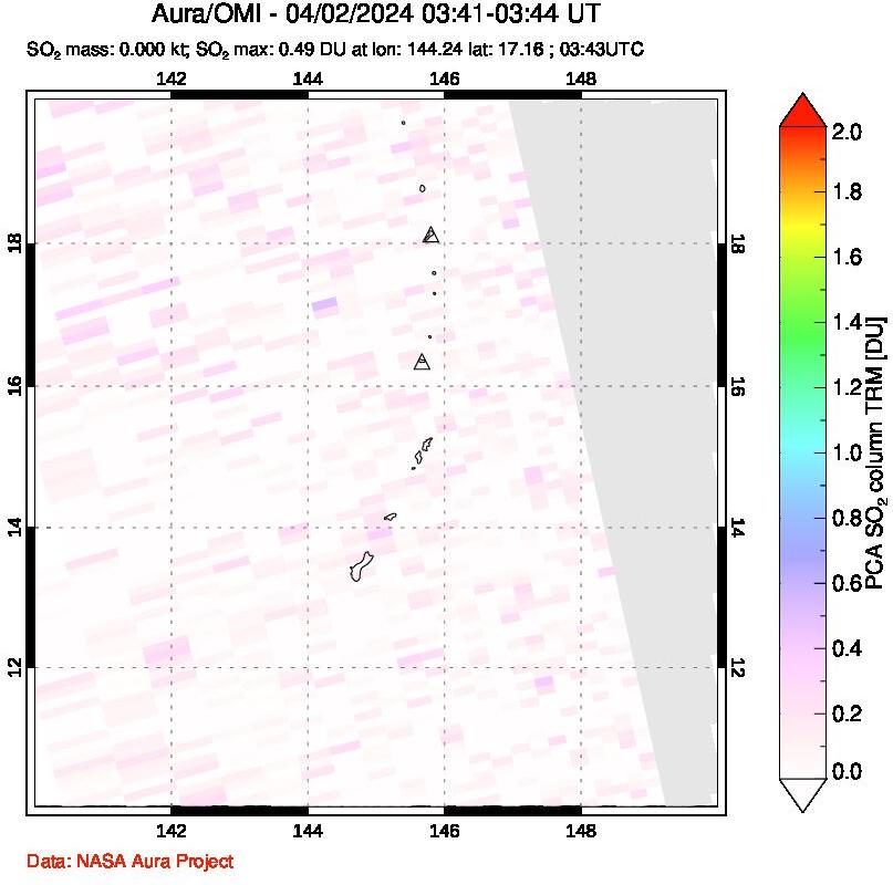 A sulfur dioxide image over Anatahan, Mariana Islands on Apr 02, 2024.