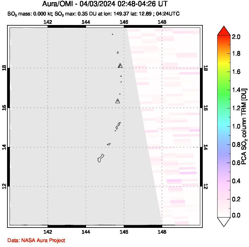 A sulfur dioxide image over Anatahan, Mariana Islands on Apr 03, 2024.