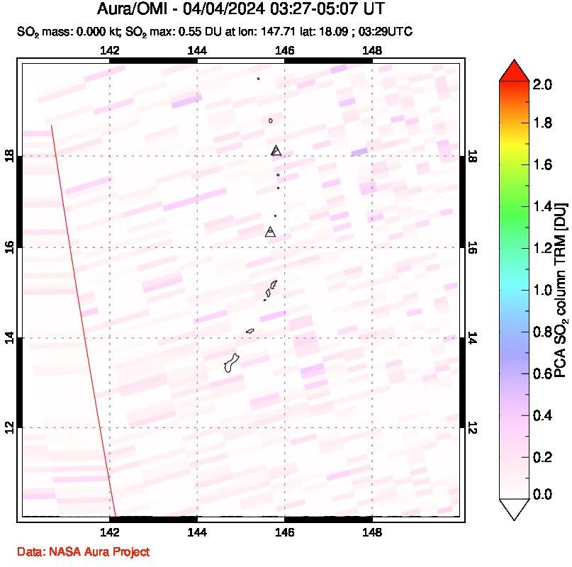 A sulfur dioxide image over Anatahan, Mariana Islands on Apr 04, 2024.