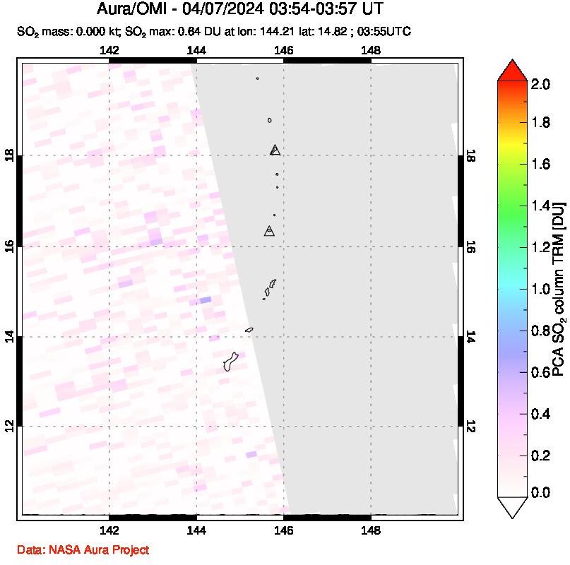 A sulfur dioxide image over Anatahan, Mariana Islands on Apr 07, 2024.