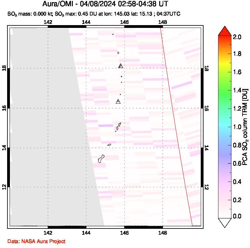 A sulfur dioxide image over Anatahan, Mariana Islands on Apr 08, 2024.