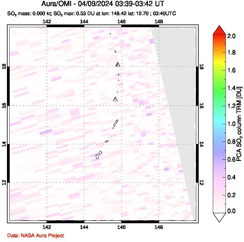 A sulfur dioxide image over Anatahan, Mariana Islands on Apr 09, 2024.