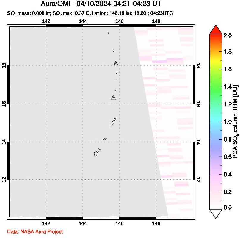 A sulfur dioxide image over Anatahan, Mariana Islands on Apr 10, 2024.