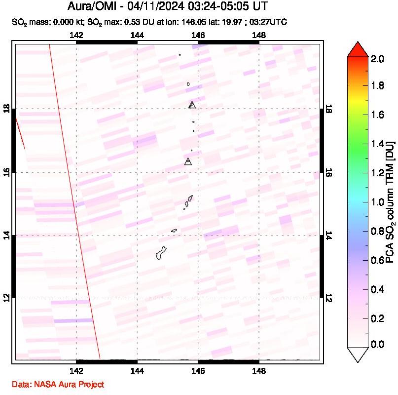 A sulfur dioxide image over Anatahan, Mariana Islands on Apr 11, 2024.