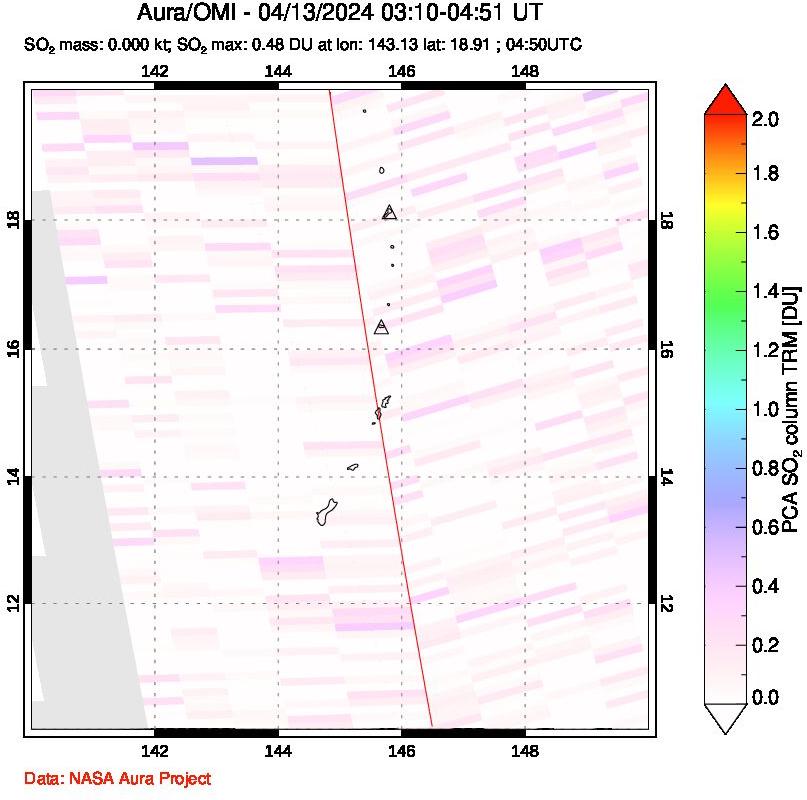 A sulfur dioxide image over Anatahan, Mariana Islands on Apr 13, 2024.