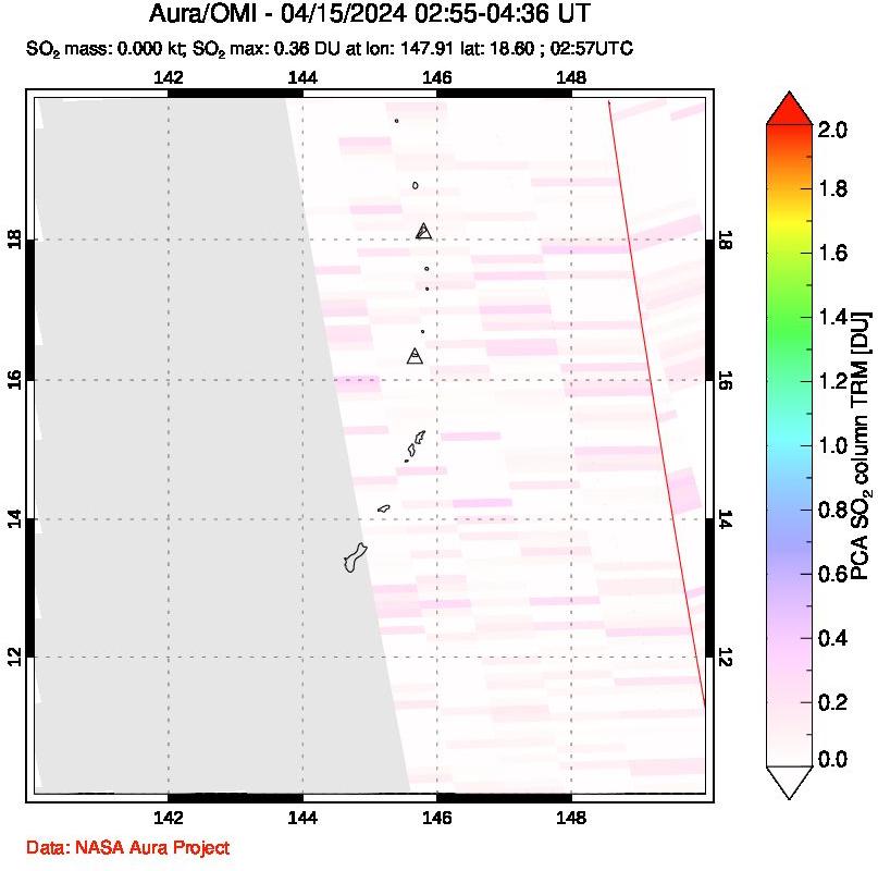 A sulfur dioxide image over Anatahan, Mariana Islands on Apr 15, 2024.