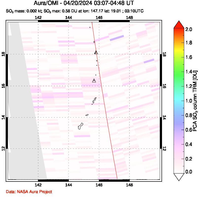 A sulfur dioxide image over Anatahan, Mariana Islands on Apr 20, 2024.