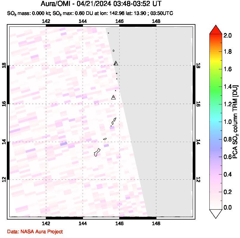 A sulfur dioxide image over Anatahan, Mariana Islands on Apr 21, 2024.