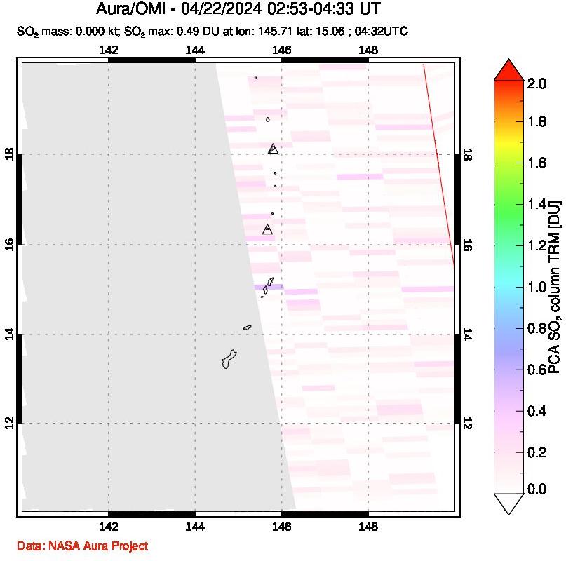 A sulfur dioxide image over Anatahan, Mariana Islands on Apr 22, 2024.