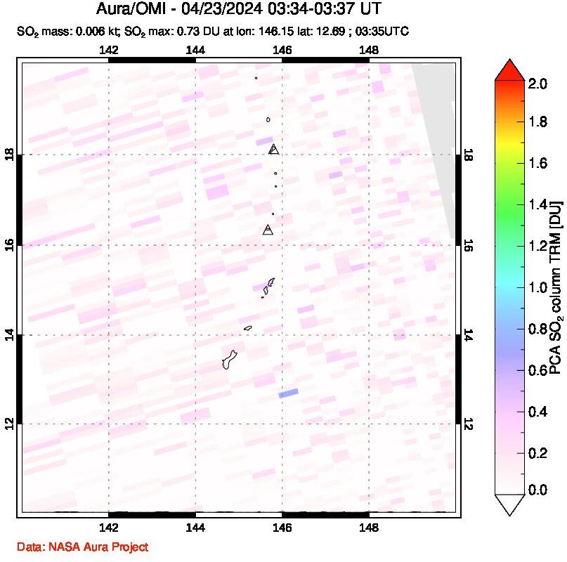 A sulfur dioxide image over Anatahan, Mariana Islands on Apr 23, 2024.