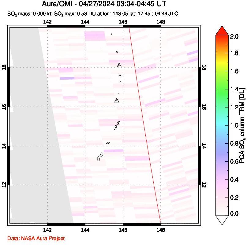 A sulfur dioxide image over Anatahan, Mariana Islands on Apr 27, 2024.