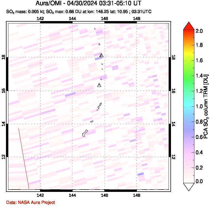 A sulfur dioxide image over Anatahan, Mariana Islands on Apr 30, 2024.