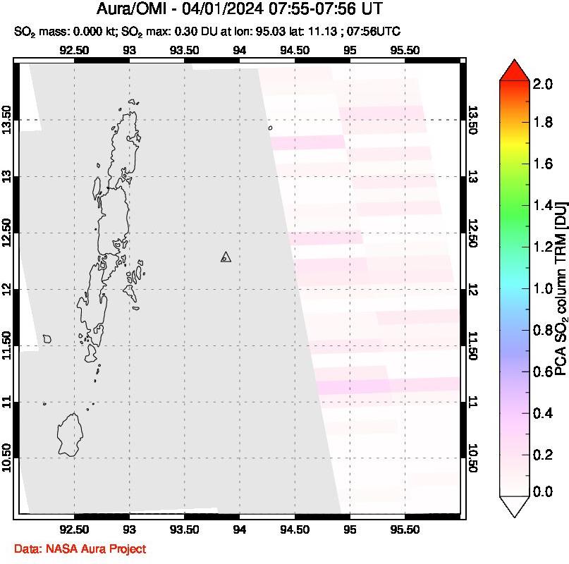 A sulfur dioxide image over Andaman Islands, Indian Ocean on Apr 01, 2024.