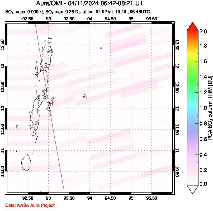 A sulfur dioxide image over Andaman Islands, Indian Ocean on Apr 11, 2024.